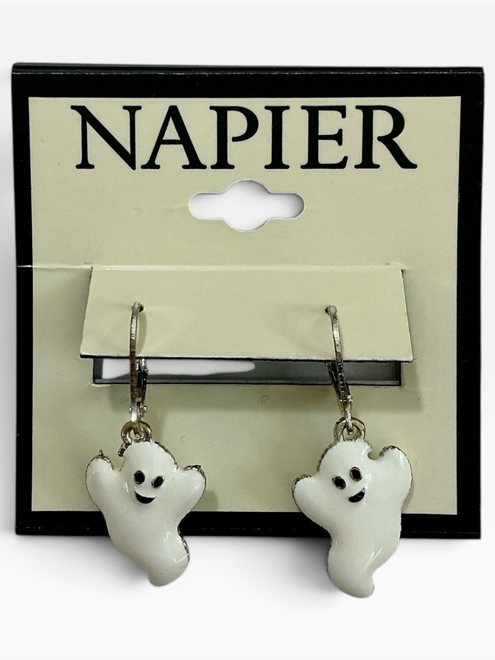 Napier Ghost Earrings Halloween Holiday Silver Tone White And Black Enamel